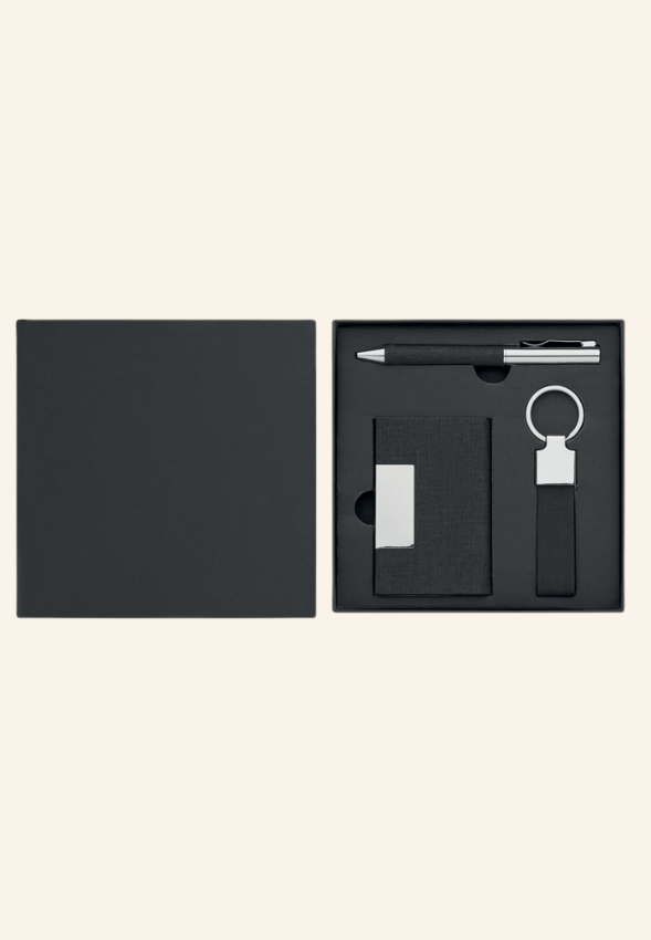 Coffret d'écriture stylo, porté-clés et porte-cartes en rPET Cléophine