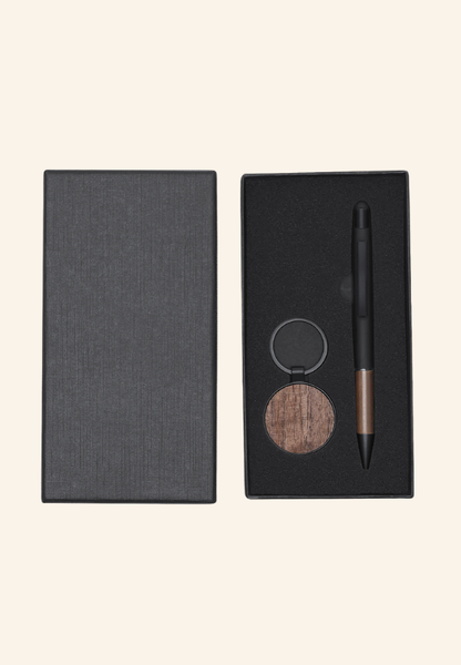 Coffret stylo et porte-clés en bois de noyer Nolvian