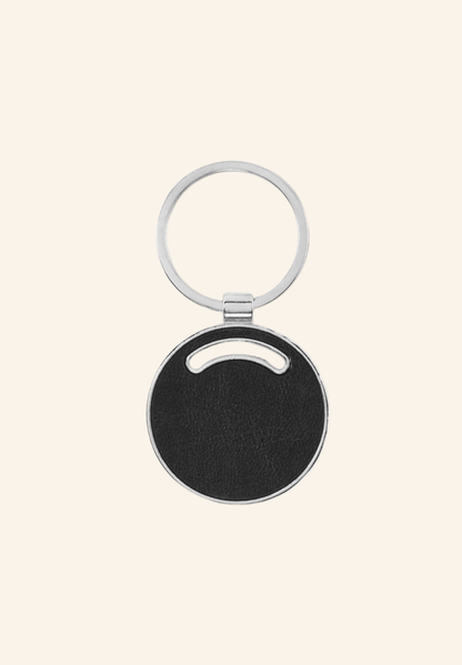 Porte-clés métal rond avec incrustation en cuir PU recyclé
