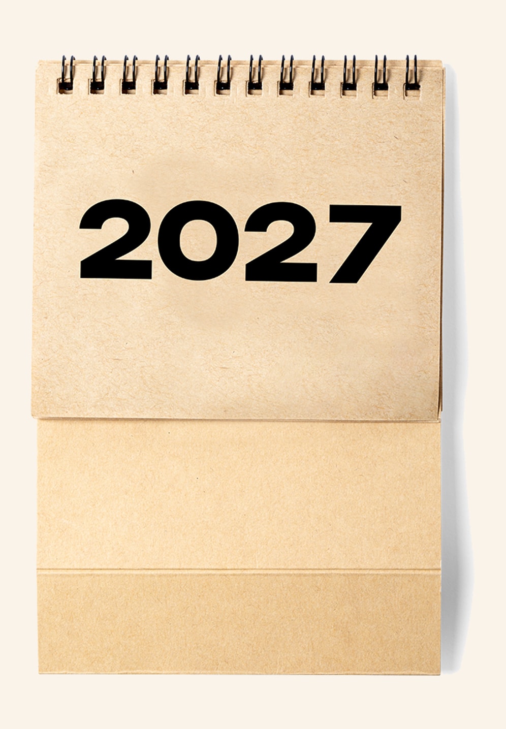 Calendrier de bureau en carton recyclé naturel, vue de trois quarts