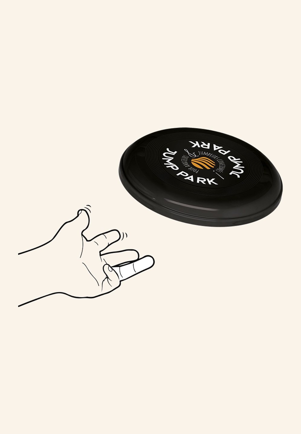 Frisbee noir en plastique recyclé vu de dessus, surface lisse prête pour un logo