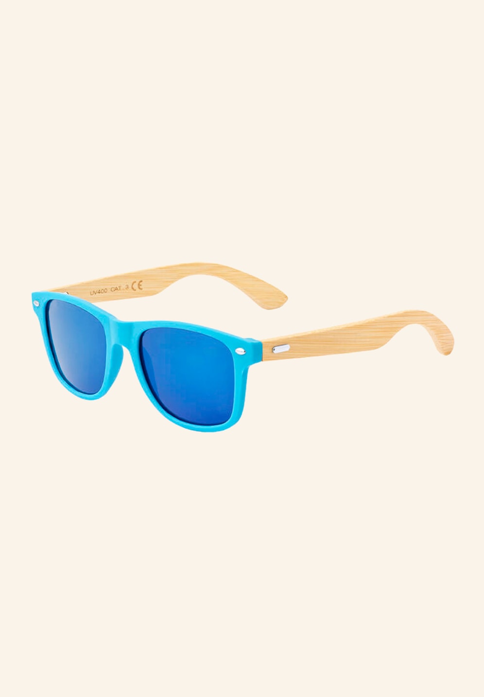 Lunettes de soleil personnalisées à verres miroir et branches en bambou, vues de face