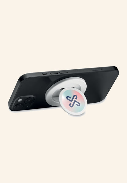 Support de téléphone blanc avec un logo marqué sur la face