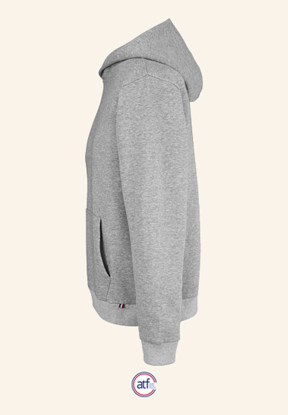 Sweat à capuche gris chiné vu de côté, manche montée et bas en bord côte