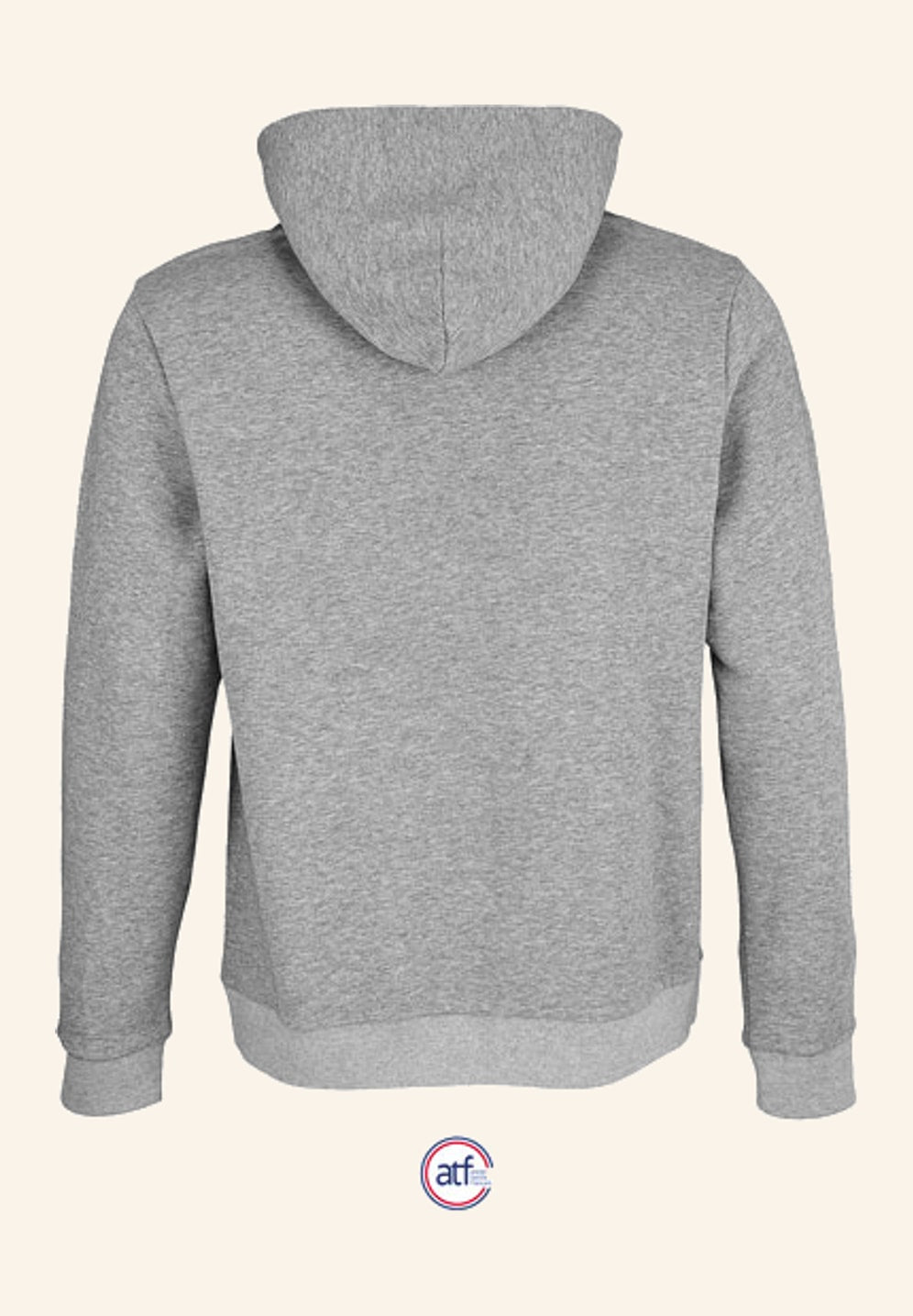 Sweat à capuche gris chiné vu de dos, grande zone libre pour un marquage