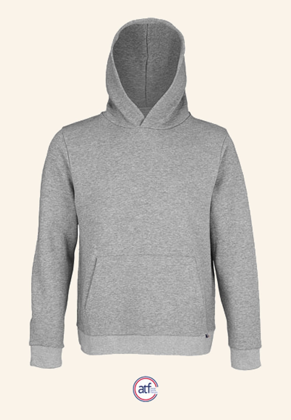 Sweat à capuche personnalisé gris chiné, vu de face, avec capuche doublée et poignets en bord côte
