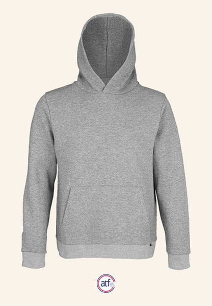 Sweat à capuche personnalisé gris chiné, vu de face, avec capuche doublée et poignets en bord côte