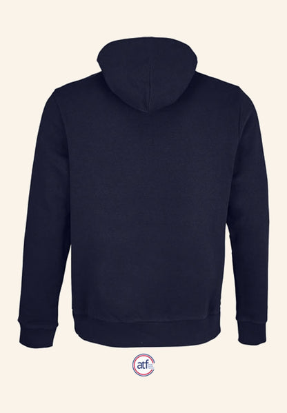 Sweat à capuche marine vu de dos, capuche rabattue