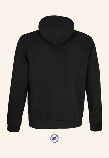 Sweat à capuche noir profond vu de dos, surface prête pour le logo
