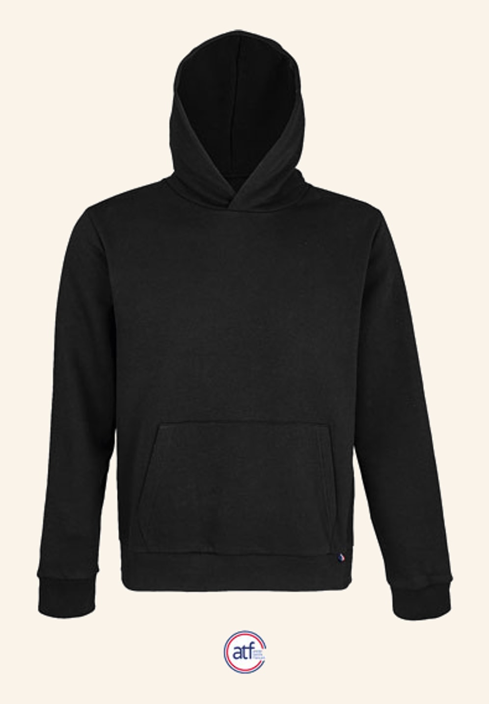 Sweat à capuche noir profond vu de face, capuche doublée